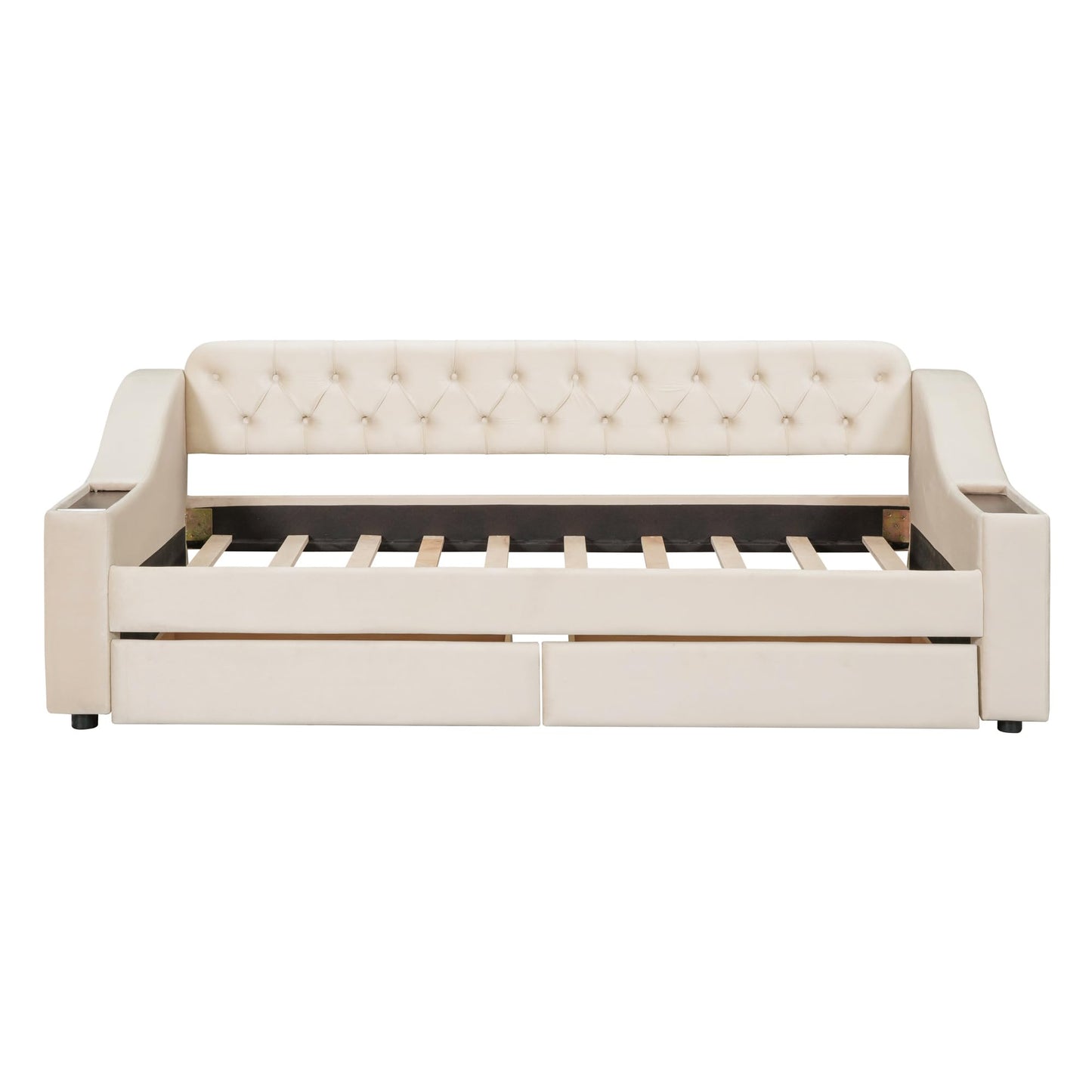GDFStudio Twin Size Upholstered Daybed with USB Ports and Storage Drawers, Velvet Daybed Frame with Button Tufted Armrests and Wood Slat Support, Beige