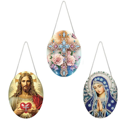 MaiYiYi 3 PCS Religious Series Virgin Mary Jesus Diamond Painting Hanging Pendant Kit, Special Gem Acrylic Cross Diamond Art Painting Ornaments Window Pendants for Adult Home Wall Art Decor