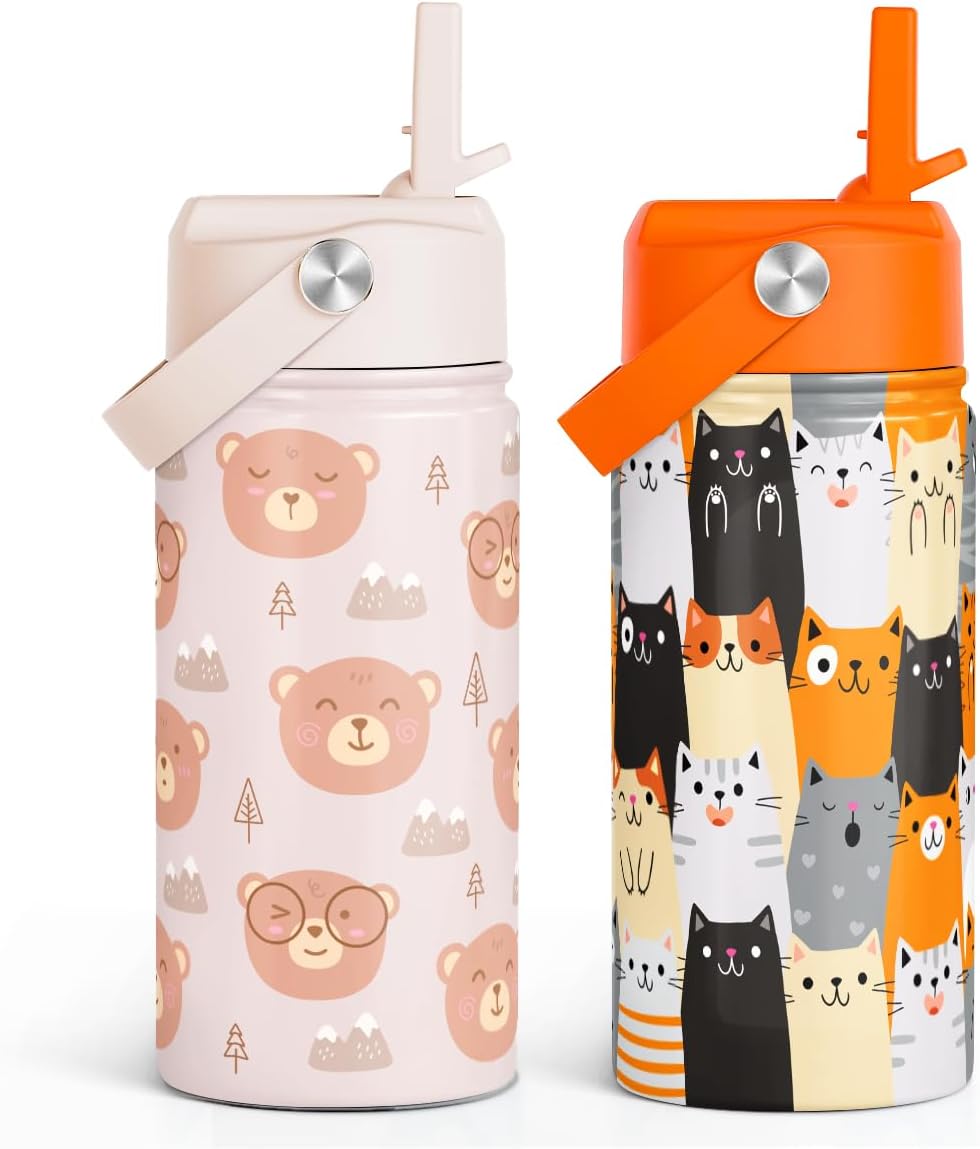 12oz 2-Pack Kid Water Bottle with Straw Lid - Insulated Stainless Steel Water Bottles for Kids Girls Boys - Travel Cup