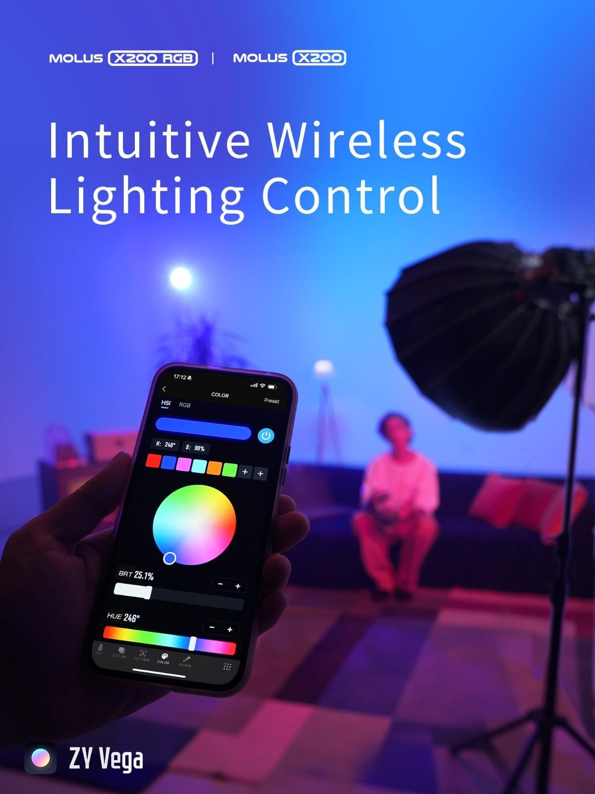 ZHIYUN MOLUS X200 RGB 200W Video Light zhiyun Light Supports V-Mount Battery, HUB Expansion, and PD Power Photography Lighting 2500K~10000K CRI≥95 TLCI≥97 with Bowens Mount Diffuser for Tiktok