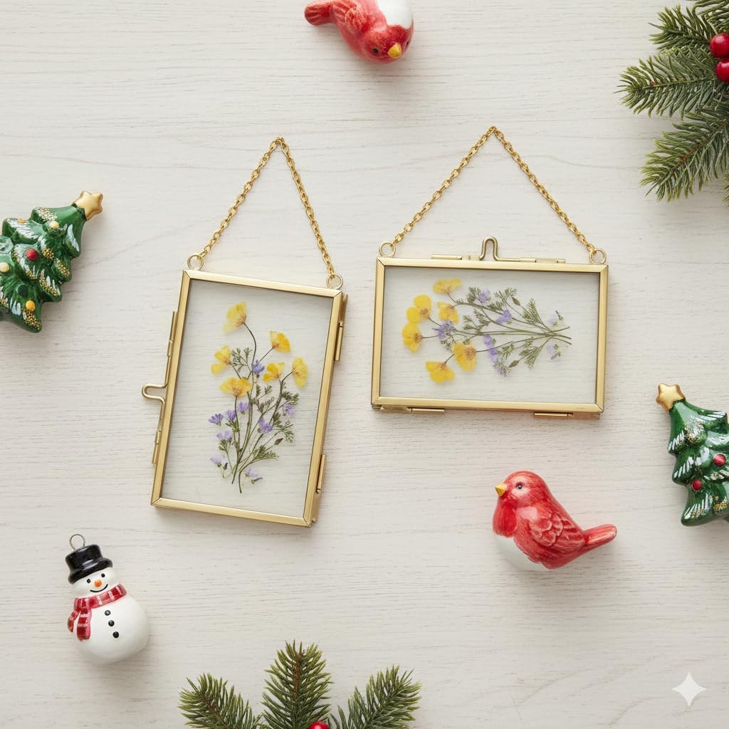 FOCHIER F 4 Pcs Pressed Flower Frame with Tweezers, Wall Hanging Tabletop Display Double Glass Frames with Metal Chain for Pressed Dried Flowers Plants, Horizontal and Vertical Picture Frame,Gold, FRAMES ONLY