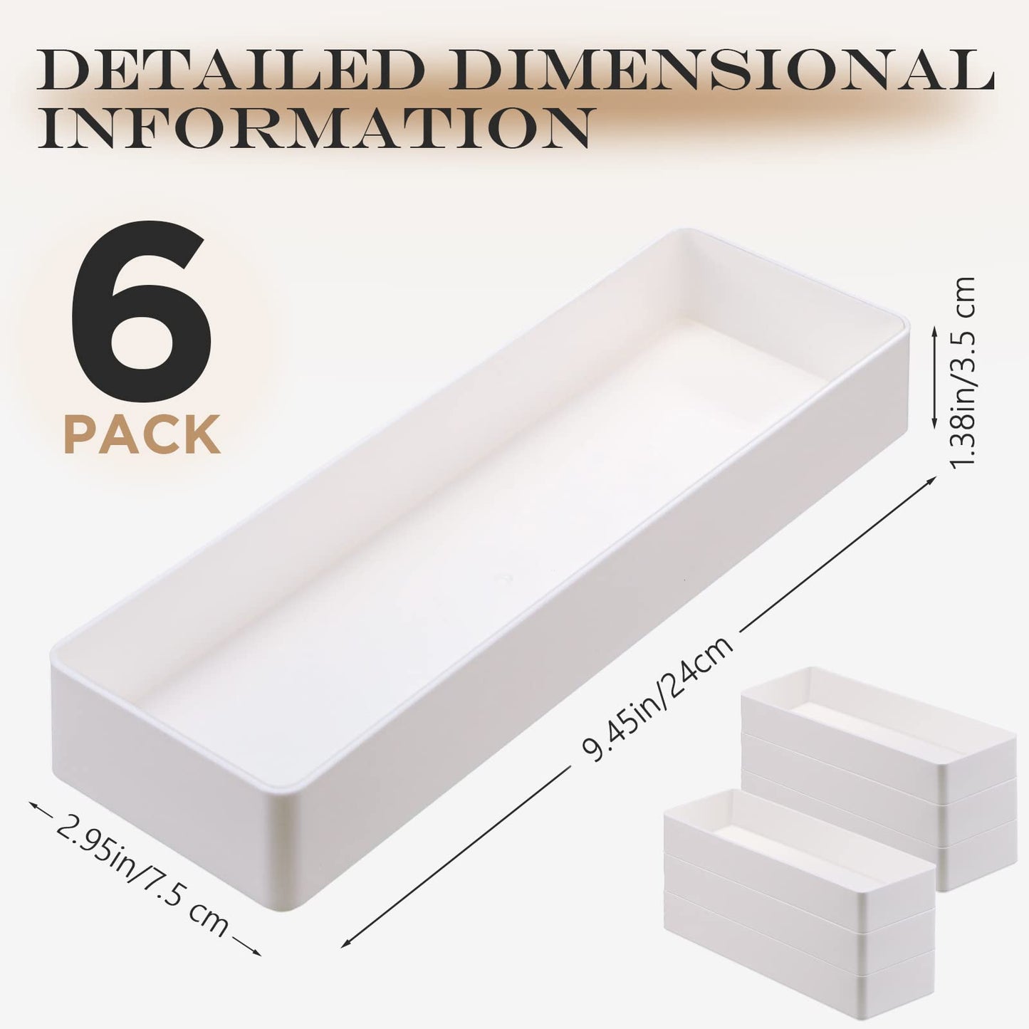 6 Pack Plastic Desk Drawer Organizer Tray 9.5 x 3 x 1.4 Inch White Desk Organizer Desktop Accessory Tray Stackable Trays for Office Makeup Bathroom Kitchen Vanity