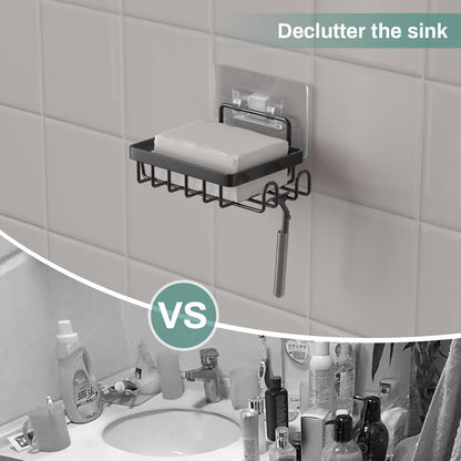 2 Adhesive Soap Bar Holder for Shower Wall, Self Draining Soap Dish Container Caddy Saver with Hooks for Razor Loofah