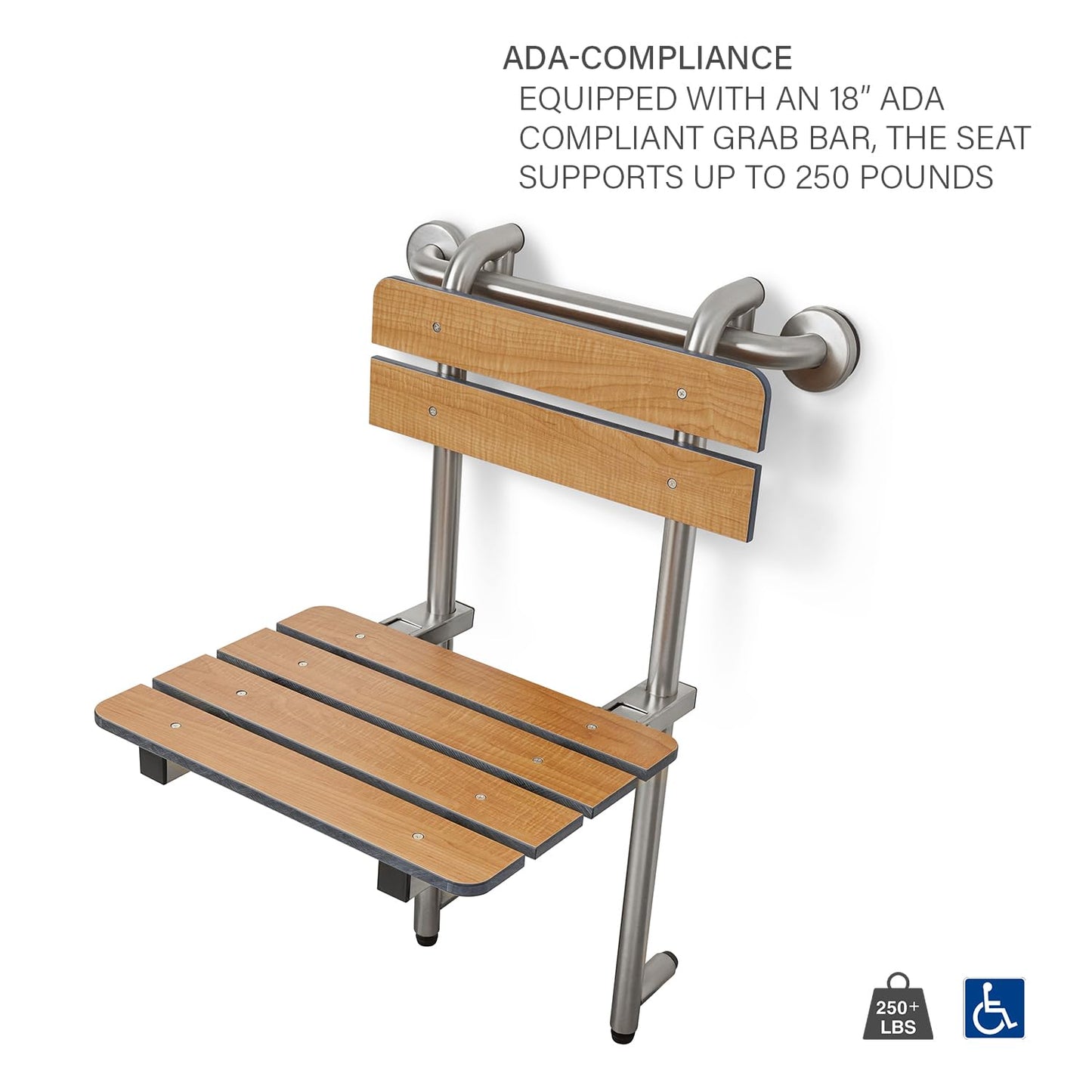 Seachrome Profile Folding Shower Seat with 18 inch Grab Bar, Removable Hanging Bench with Backrest & Legs, Teak Phenolic Seat, Stain Stainless Steel Grab Bar