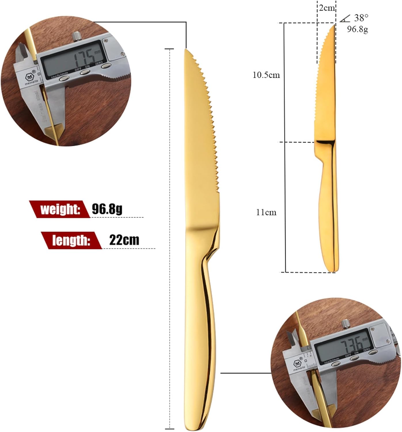 Steak Knife Set, 4-Piece Serrated Steak Cutlery, Gold Stainless Steel Steak Cutlery Knife for Home, Restaurant, Hotel,