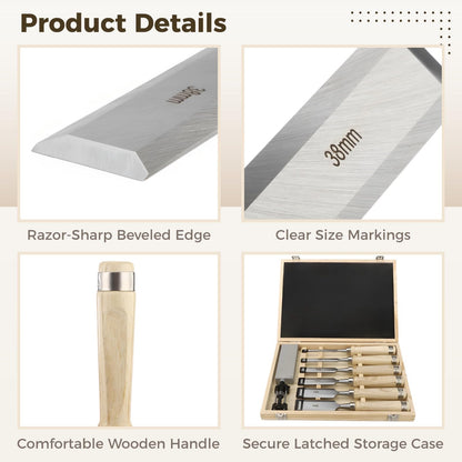8 Pcs Wood Chisel Set for Woodworking, CR-V Steel Wood Carving Chisels Kit (1/4" to 1-1/2") with Sharpening Stone & Honing Guide, Professional Carpentry Hand Tools in Wooden Box
