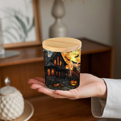 Halloween Horror House Tealight Candle Holder, Pumpkin Candle Jar Tea Light Holder, Stained Glass Halloweens Night Tealight Holders Candlesticks Gift for Halloween Christmas Thanksgiving