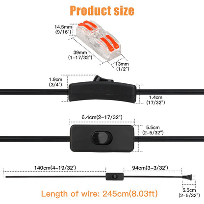 Asjeumt 2Pcs 8FT Lamp Cord with Switch Replacement Lamp Cord Switch Set with Plug 2 Polarized Black 18 AWG SPT-2 Wire ON OFF Button Switches 8 Feet DIY Rewiring Repairing Wiring Electrical Light Cords