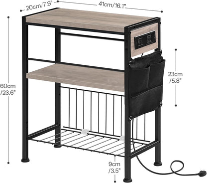 3-Tier BG412UBZ01 HOOBRO End Table with Charging Station, Small Side Table with Magazine Holder, Nightstand Bedside