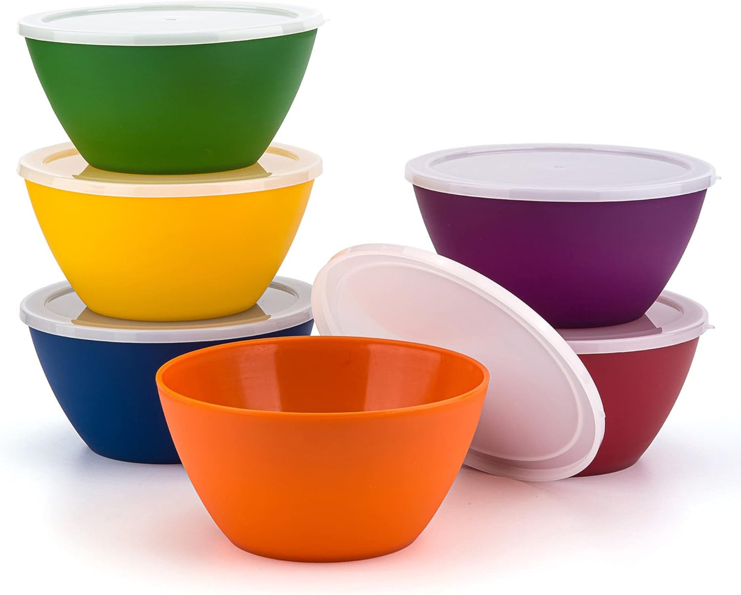 Set of 6 Plastic Bowls with Lids - Unbreakable 6-inch Cereal/Soup/Salad Bowls, Multicolor, BPA Free
