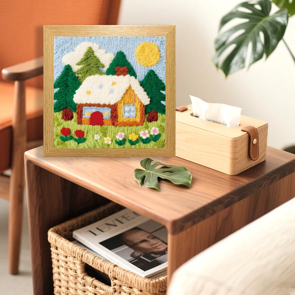 BEUNITONE Forest House Punch Needle Kit for Adults Beginners, Complete Craft Kit with Needle, Frame, Yarn & Pattern, Create Wall Hanging, Christmas Wall Art Making 9.4 x 9.4“