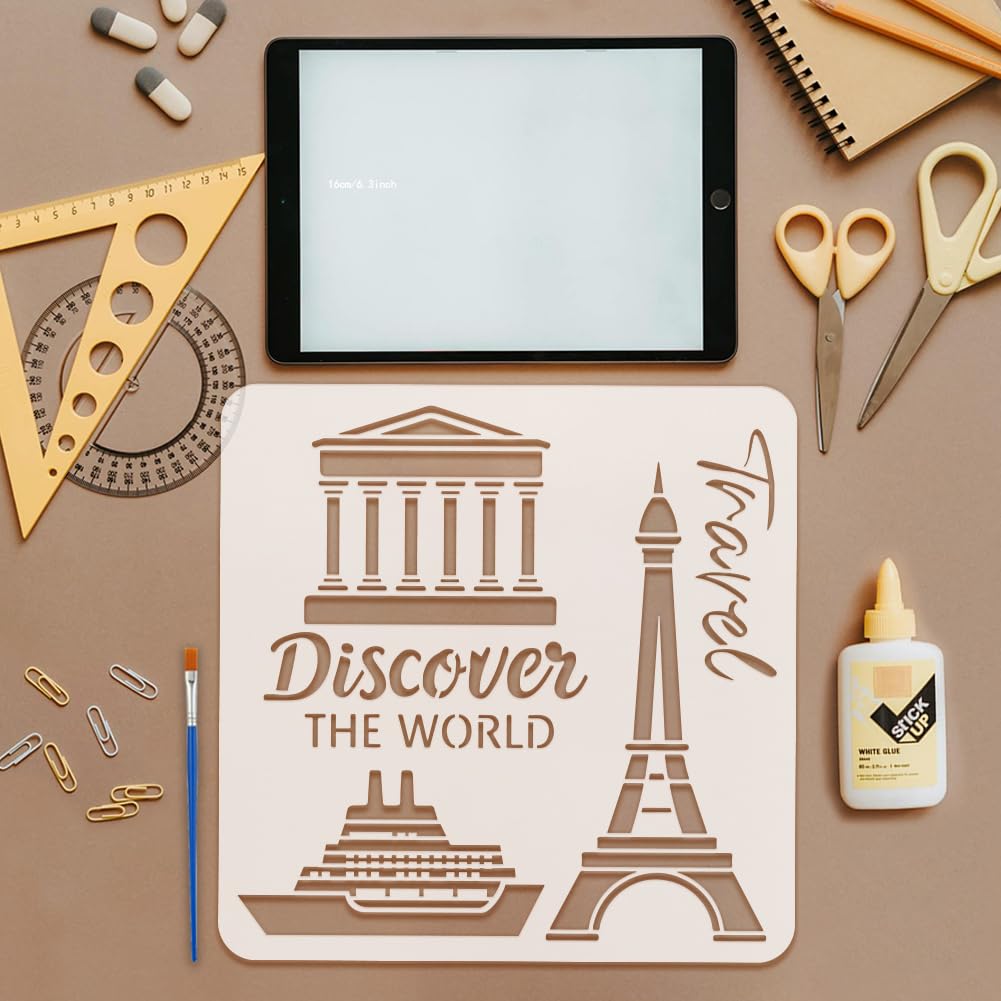 FINGERINSPIRE 16PCS Travel Theme Stencils for Painting with Brush 11.8x11.8inch Mountains Trees Compass Temple Template Tent Campfire Airplane Suitcase Stencil Maple Leaf Moon Star Boat Fish Template