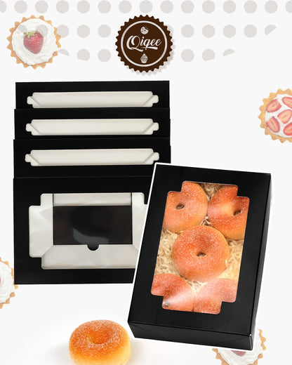 qiqee 36Packs Auto-pop Black Cookie Boxes for Gift Giving 8x5.3x2 inch Black One Second Fold Bakery Box with Window Treat Box for Donuts Candies and Biscuit