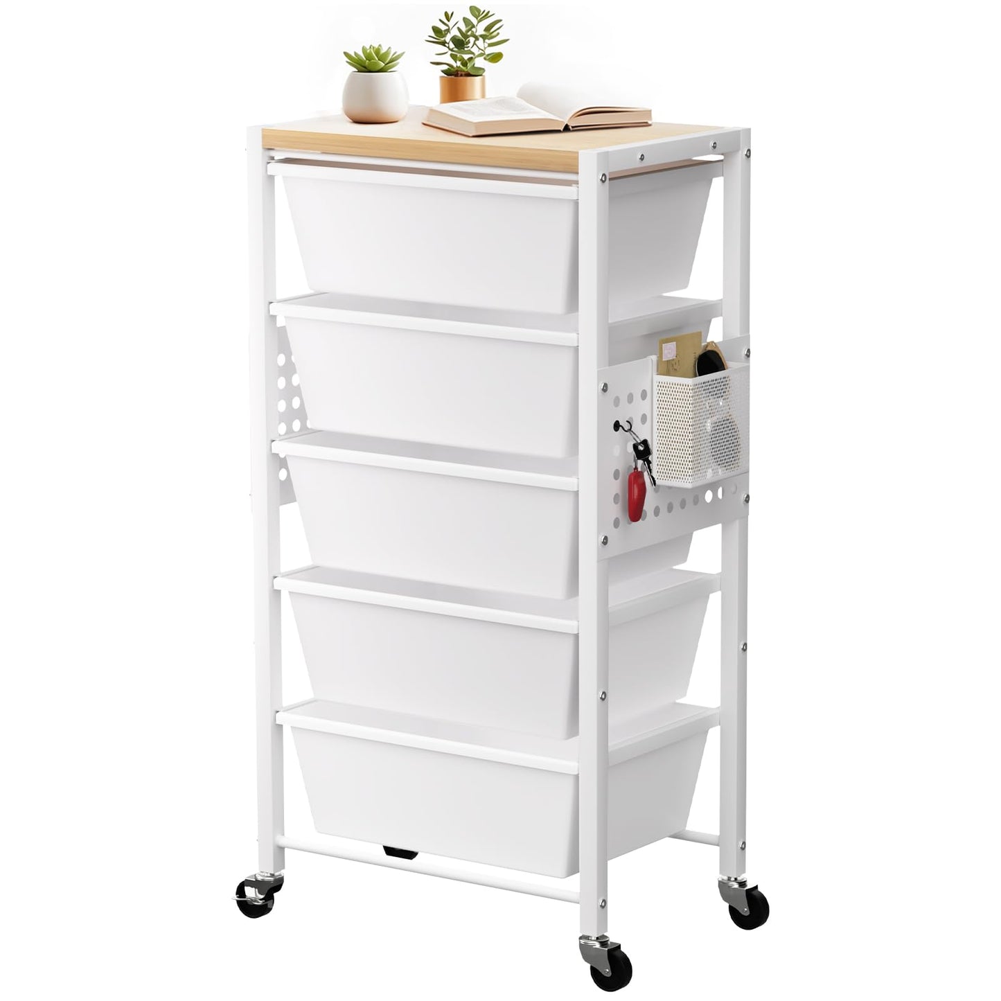 Rolling Cart with 5 Drawers, Plastic Drawer Storage Carts with Wheels & Wooden Tabletop, Metal Utility Cart with Pegboards, Office Living Room Classroom Craft Organization and Storage, Bright White