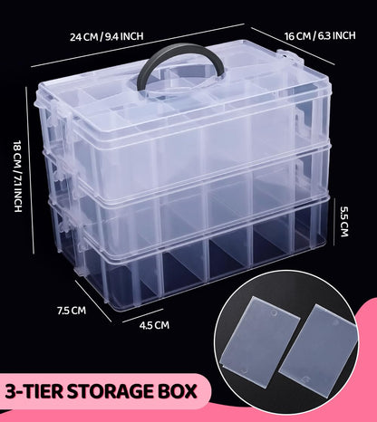 Praisebank 3-Layer Stackable Storage Container Box, 30 Dividers Compartments, Perfect for Storage Jewelry & Arts & Crafts & Sewing. (Pink)