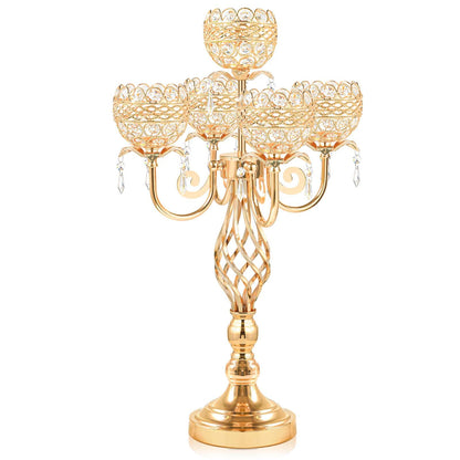 Elegant 5-Arm Candelabra Centerpiece with Crystal Pendants - 23.6 Inch Tall Table Centerpiece for Weddings, Parties, Home Decor for Mother’s Day, Holidays & Special Occasions (1, Gold)