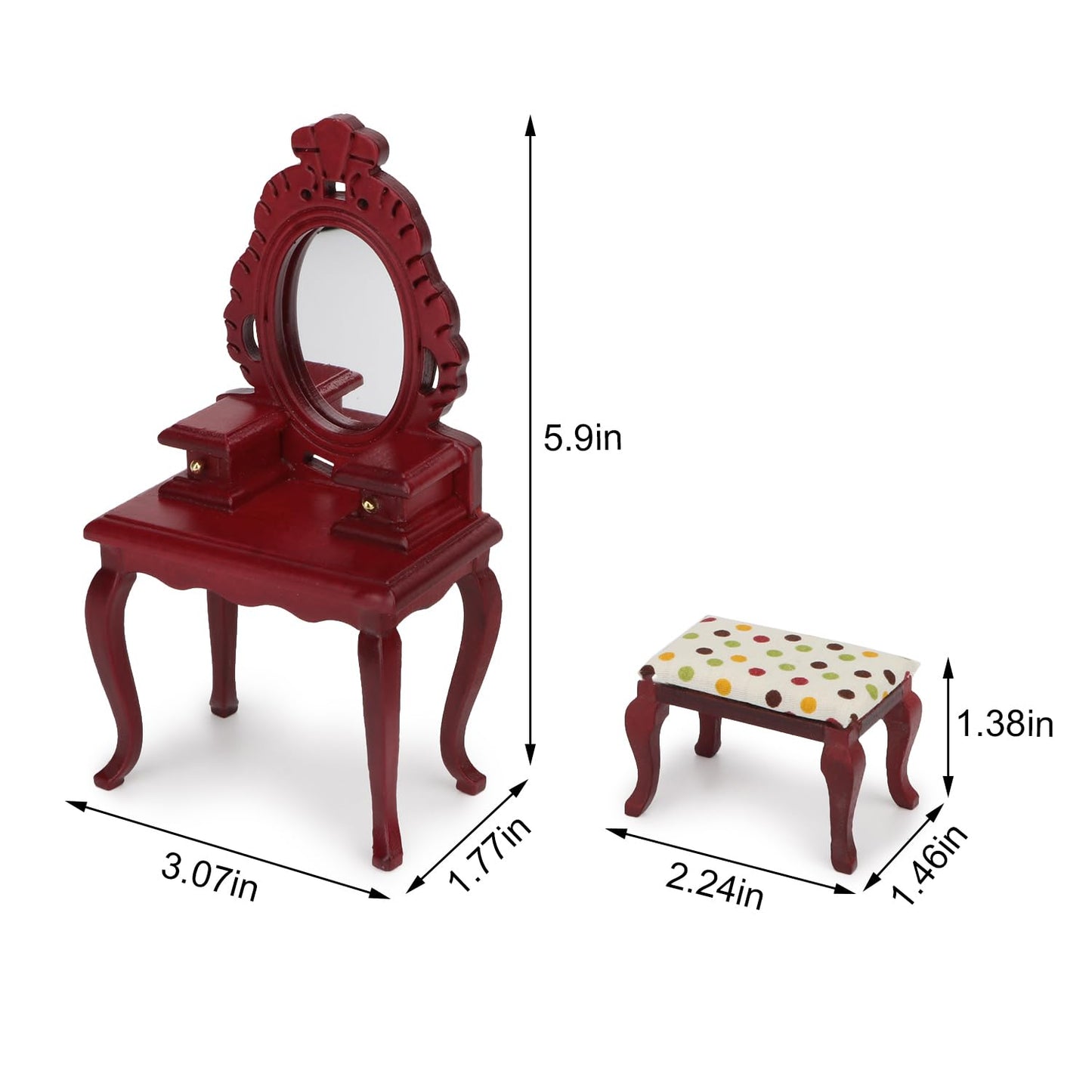 Dollhouse Makeup Vanity with Mirror & Stool 1/12 Miniature Makeup Furniture Set, Wooden Dressing Table Bedroom Dresser Table Doll House Toilet Table Accessorie (Red)