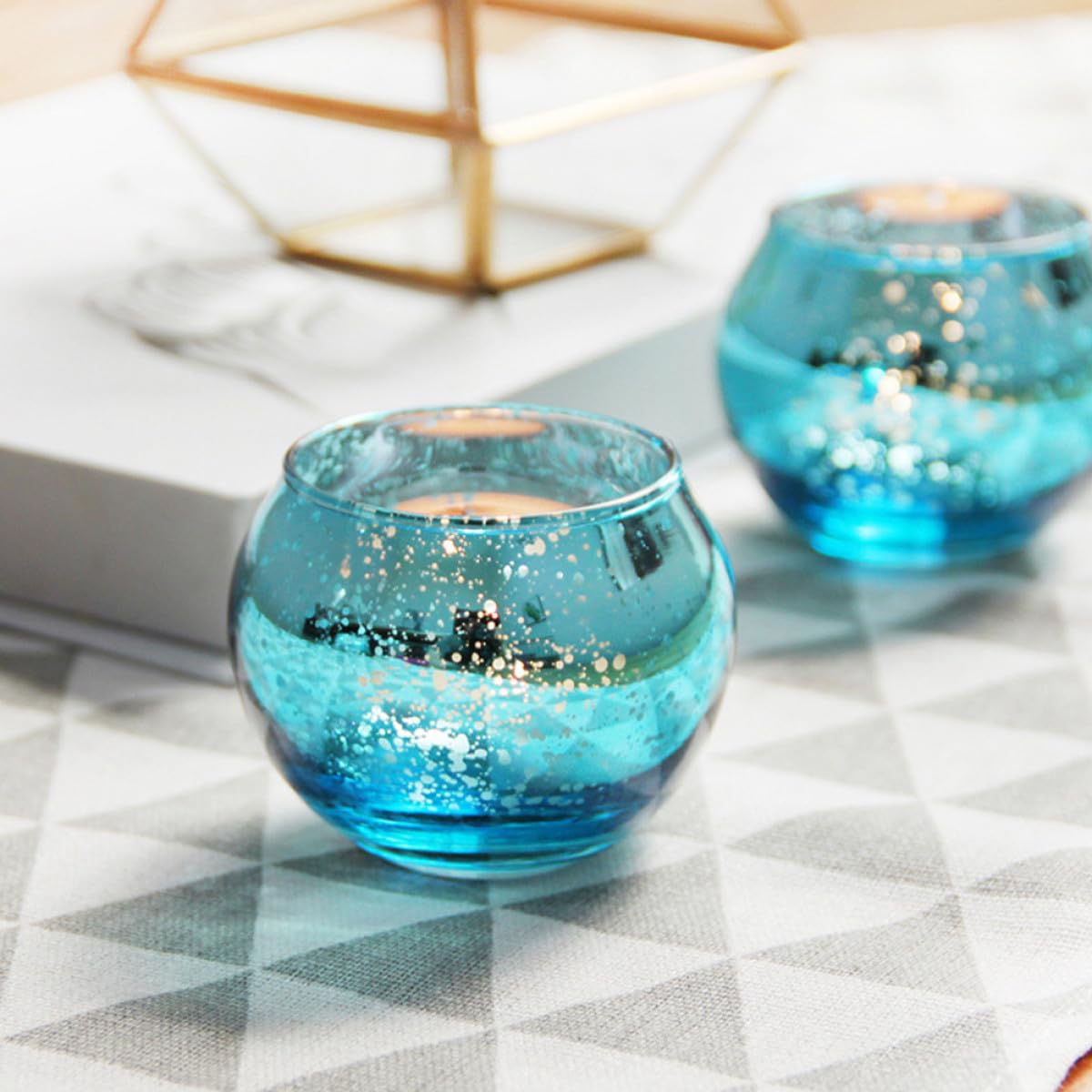 VALICLUD 12pcs Glass Candle Holders with Blue Dot Pattern Hollow Decorative Candle Cups for Dining Table Centerpiece Hotel Use