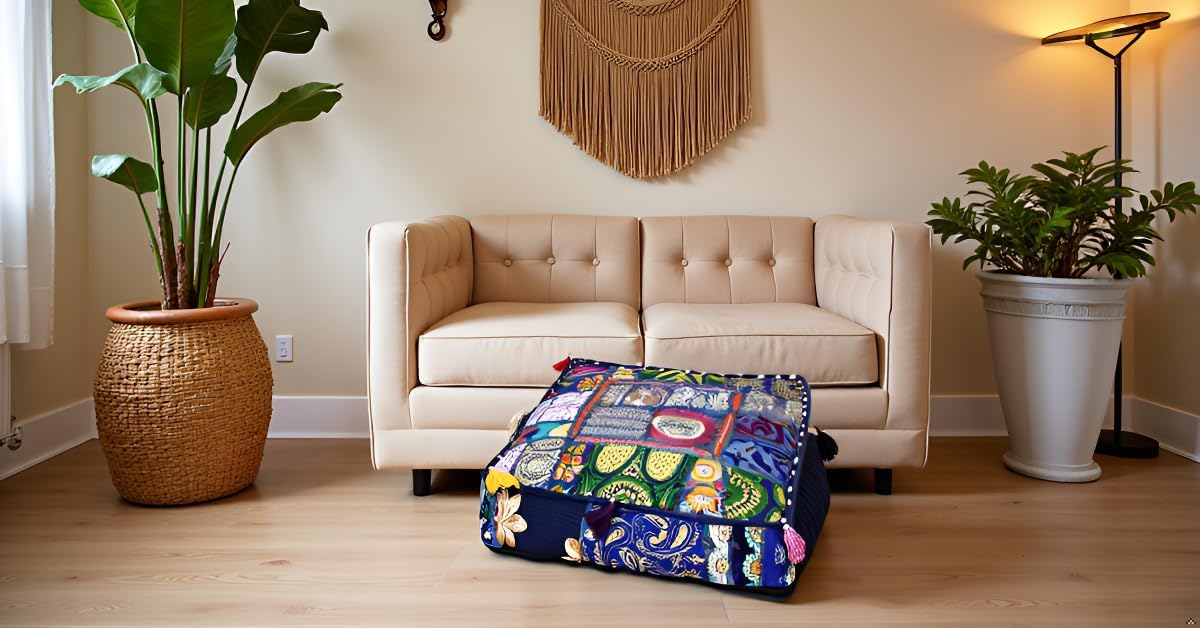 16x16x5 inches, CRAFT KALA Indian Square Patchwork Traditional Pouf Cover Indian Living Room Poufs Decorative
