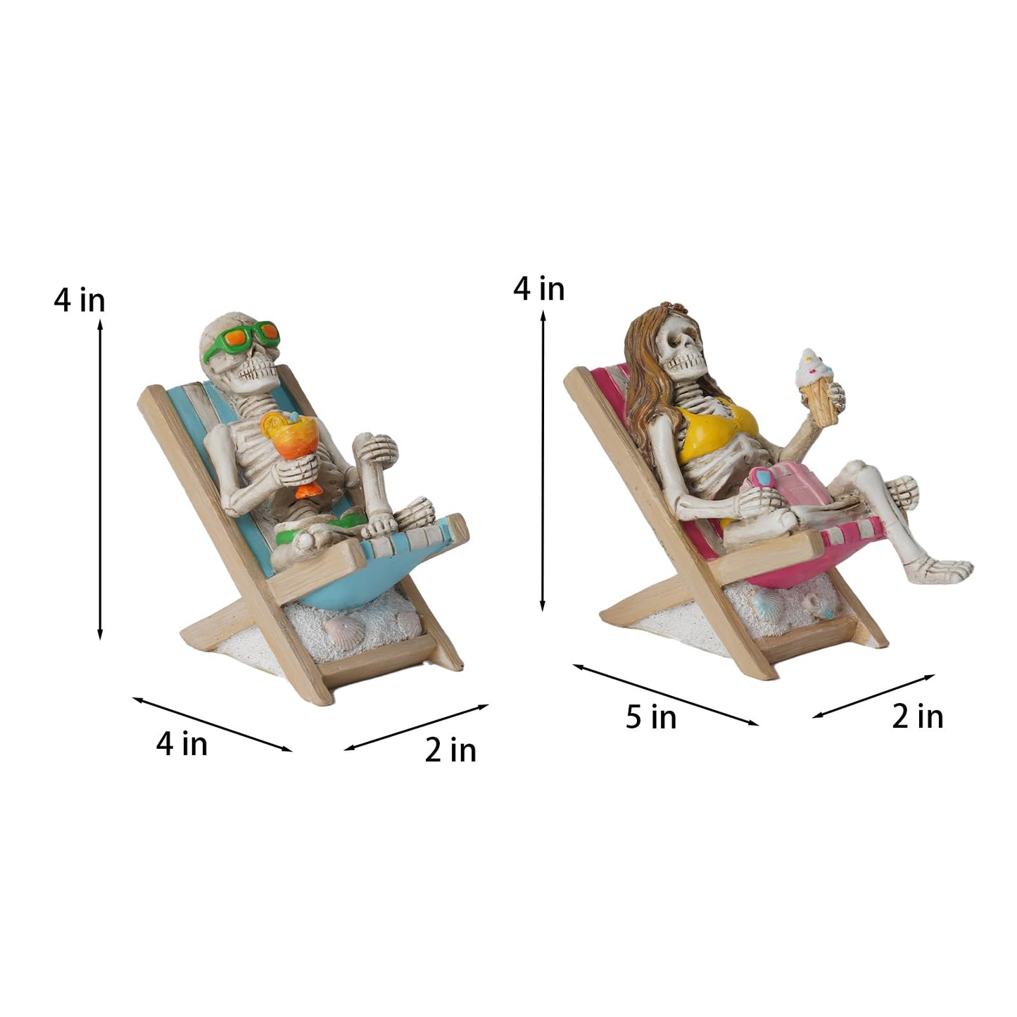 Summerween Skeleton Summer Decor - Resin Set of 2 Skeletons Summer Decorations for Home Tropical Themed Collectible Figurines for Beach Halloween Party & Home Decor Accents 2 x 4 x 4 Inches DiliComing