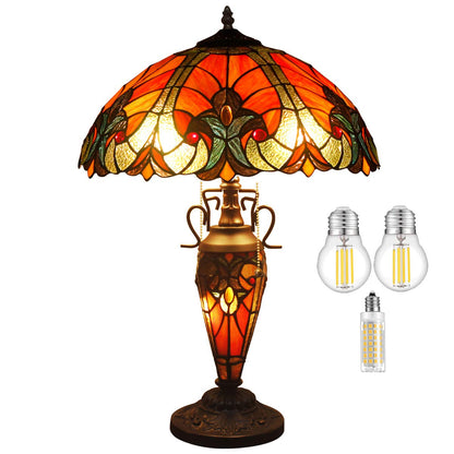 WERFACTORY Tiffany Lamp Red Stained Glass Liaison Mather-Daughter Vase Table Lamp 16X16X24 Inch Antique Desk Reading Light Decor Bedroom Living Room Home Office S160R Series