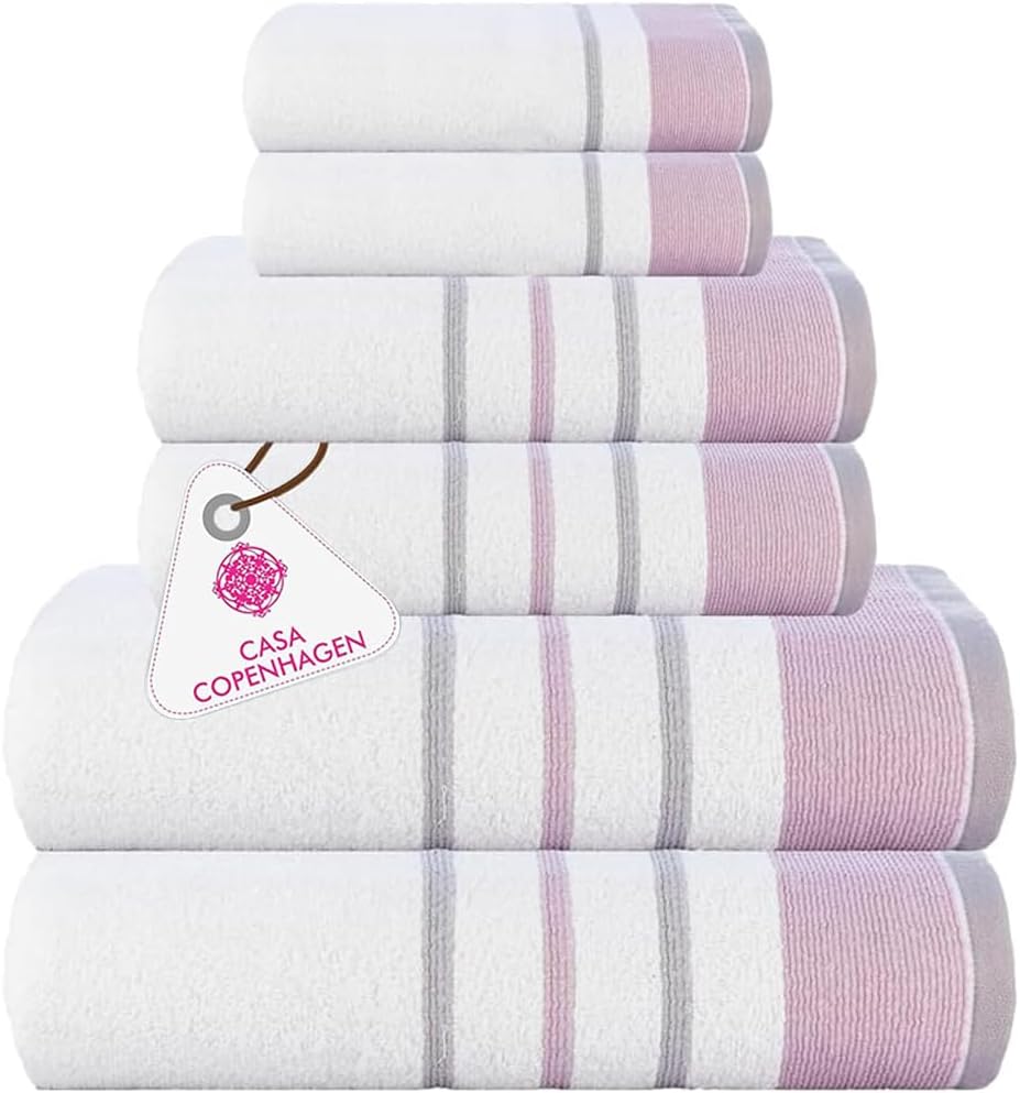 6Pcs 100% Set- 600GSM, 2Bath 2Hand 2Washcloths, Set CASA COPENHAGEN White Bay Egyptian Cotton Large Designer Towels
