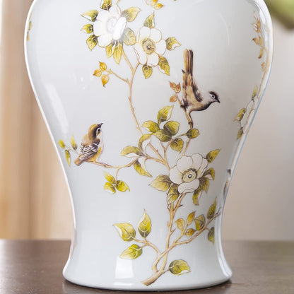ZHOUXIAO White Ceramic Ginger Jar with Lid for Home Decor,Traditional Chinese Flowers and Birds Temple Jar, Jingdezhen Handcrafted Porcelain Vase Centerpiece Decor M