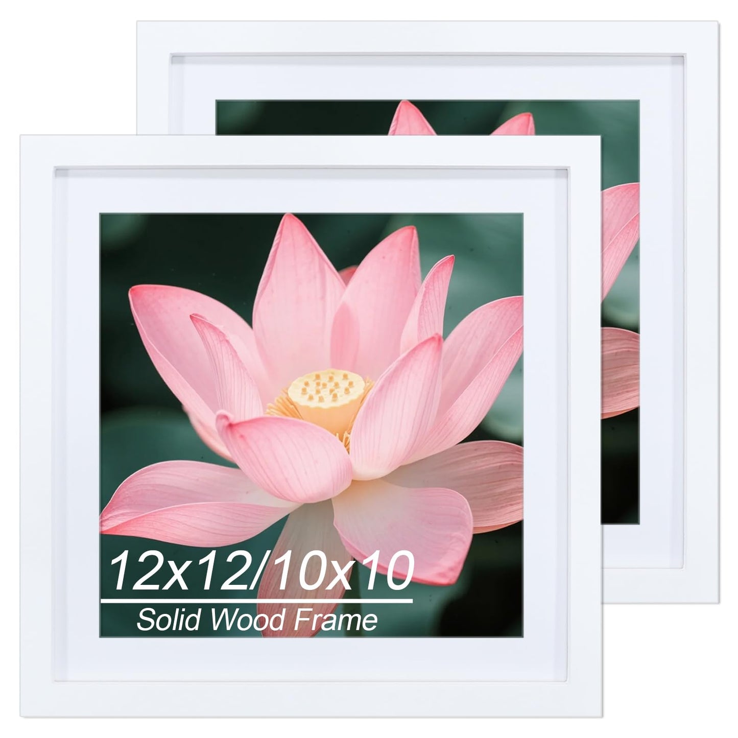 12x12 Picture Frame Set of 2, 30x30 cm Diamond Art Frames, Includes Mat to Fit 10x10 (25x25cm) Pictures, Solid Wood 12 x 12 Square Frame for Diamond Paintings/Posters/Photos/Artworks/Images - White