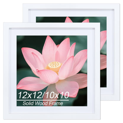 12x12 Picture Frame Set of 2, 30x30 cm Diamond Art Frames, Includes Mat to Fit 10x10 (25x25cm) Pictures, Solid Wood 12 x 12 Square Frame for Diamond Paintings/Posters/Photos/Artworks/Images - White