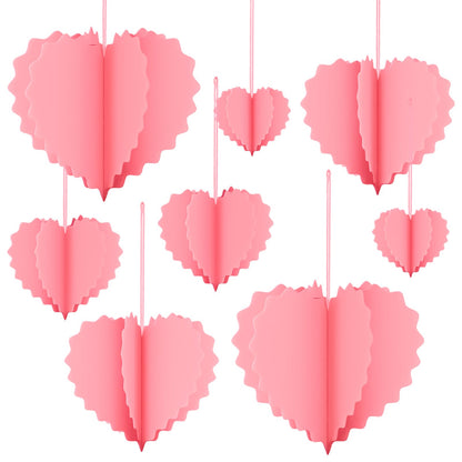 Valentines Day Decorations - 8 Pcs Pink 3D Valentines Hanging Hearts Ornaments Paper Valentines Tree Decorations for Valentines, Wedding, Engagement, Anniversary, Galentines Party Décor