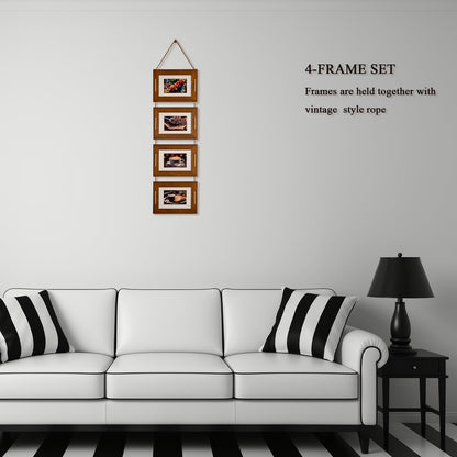 DLQuarts 5x7 Hanging Collage Picture Frames Wall Decor, 4-Opening 5x7 Matted to 3.5x5 Photo Rustic Wood Frame with Hemp Rope, 1 Pack, Dark Walnut
