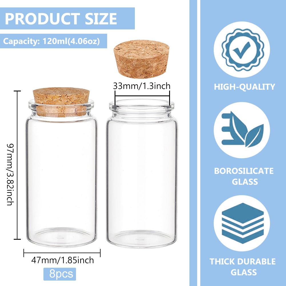 BENECREAT 8Pcs 120ml/4oz Mini Glass Bottles with Cork Stoppers, Wish Bottles, Message Bottles for Wedding Party Supplies, DIY Craft, Baby Shower Favors