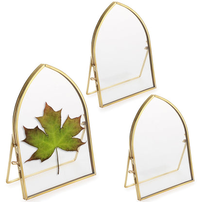 JUXYES 4x6 Inch Tabletop Double Glass Frame for Pressed Flowers, 3 Pack Glass Desktop Picture Artwork Display Frames, Brass Floating Frame Style for Dried Flowers Photo Picture Poster etc