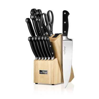 NutriChef 13-Piece Kitchen Knife Set with Wooden Block - Precision Crafted Stainless Steel Knives with Scissors & Built-In Sharpener - Lightweight, Durable, & Razor Sharp - Dishwasher Safe (NCKNS13)