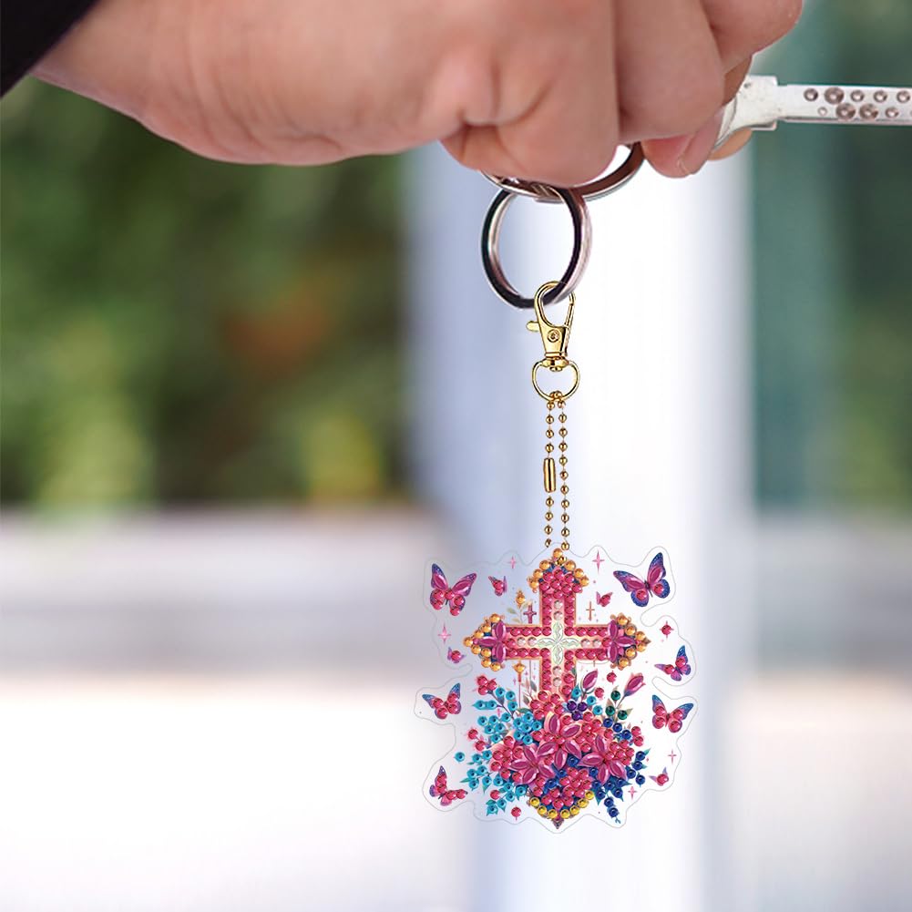 POETRYDRAW 6Pcs Diamond Painting Keychains Double Sided 5D Cross Flower Diamond Art Kit Full Drill DIY Diamond Art Keychain Gem Art Diamond Painting Kits for Adults