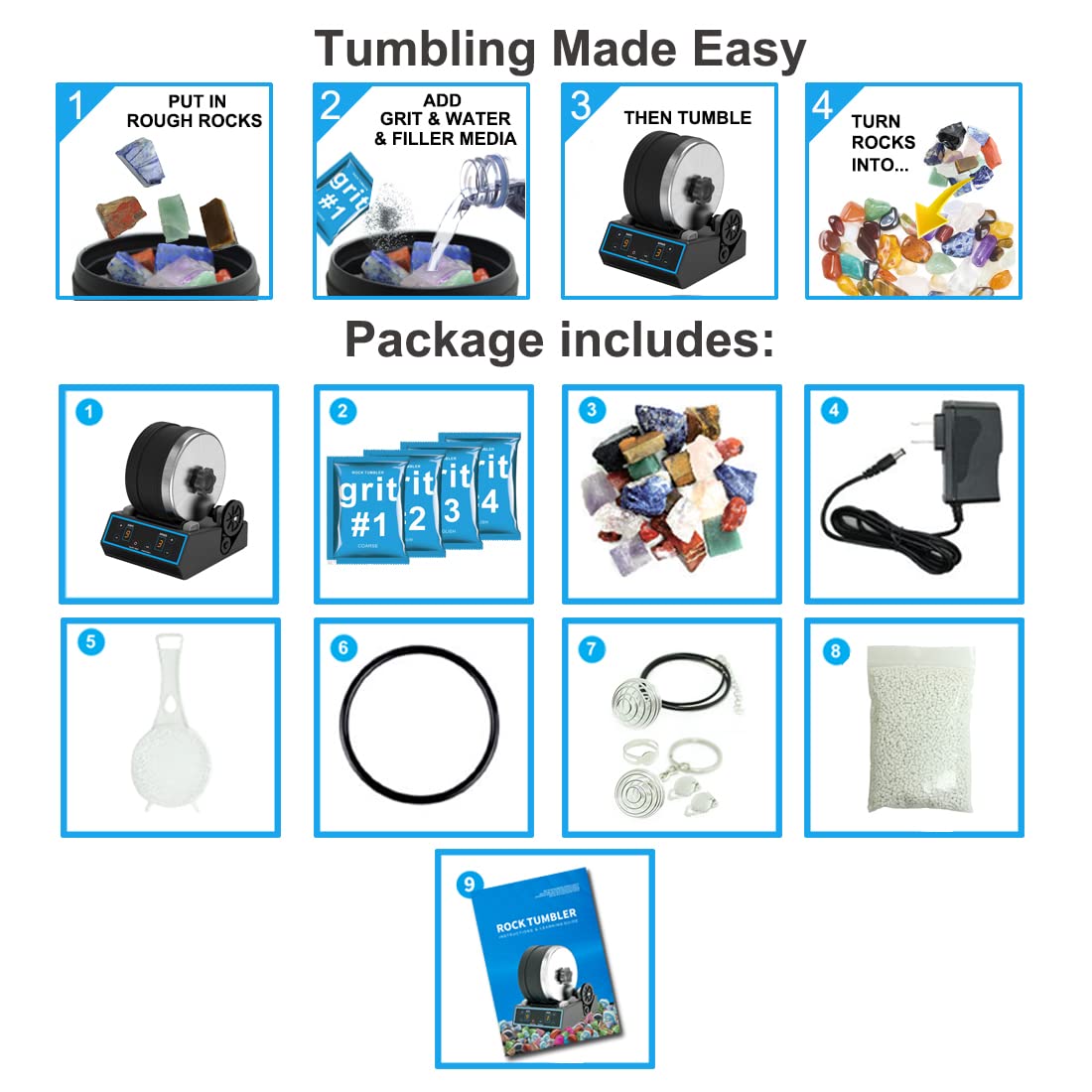3.6LB Professional Rock Tumbler Kit, 3 Speed Settings & Digital 9-Day Timer, Rough Gemstones, 4 Polishing Grits