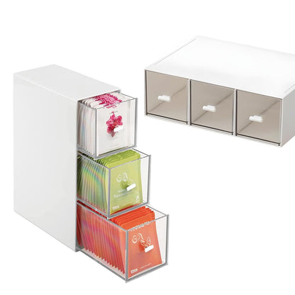 Plastic Tea Bag Organizer with 3 Drawers, Desk Drawer Organizer, Stackable Storage Drawers, White Tea Box, Makeup Organizer, Clear Tea Bag Storage, Coffee Storage for Tea Bags, Sugar Packets, Cosmetic