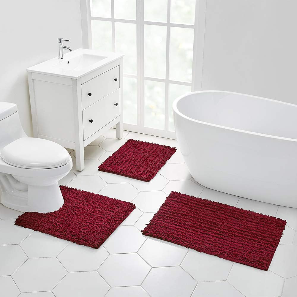 Walensee Bathroom Rug Non Slip Bath Mat Red (32x20 Inch) Water Absorbent Super Soft Shaggy Chenille Machine Washable