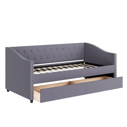 Christopher Knight Home Twin XL Daybed Frame with Two Drawers, Linen Fabric Upholstered Sofa Couch, 85’‘ Living Room Sleeper Sofa, Cozy Daybed for Bedroom, Diamond-Tufted Design, Rivet Armrests, Gray