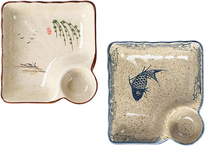 Ceramic Dumpling Plate with Dipping Saucer, Sushi Dish, Serving Plate, Snack Plate, 7.5 Inch - Set of 2