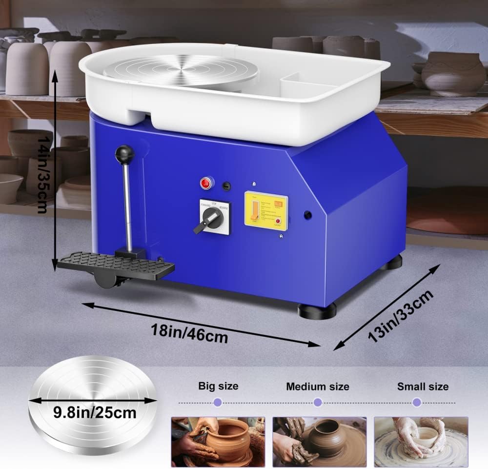 Pottery Wheel Pottery Forming Machine 25CM 350W Electric Pottery Wheel with Foot Pedal DIY Clay Tool Ceramic Machine Work Clay Art Craft (Blue)