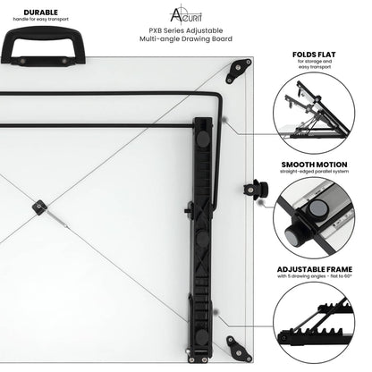 Acurit Multi-Angled 20”x26” PXB Drawing Board & Travel Bag for Artists & Drafters - Portable Tabletop Workspace, Drawing, Sketching, Painting - Laminated Surface w/Ruler & Parallel Motion Bar
