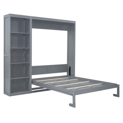 PacknWood Acosure Queen Size Murphy Five-Layer Cabinet,Bedroom Solid Wood Storage Hidden Wall Beds Frame W/Dual Piston Metal Folding Mechanism Designed,for Home Office,Study,Guest Room,Gray