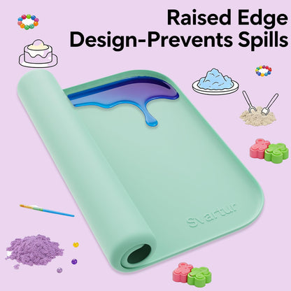 Silicone Craft Mat 24" x 16" with Raised Edge, Roll-Up Design with Storage Strap, Multi-Purpose Desk & Table Protector Silicone Art Mat for Crafts, Painting & DIY, Light Green