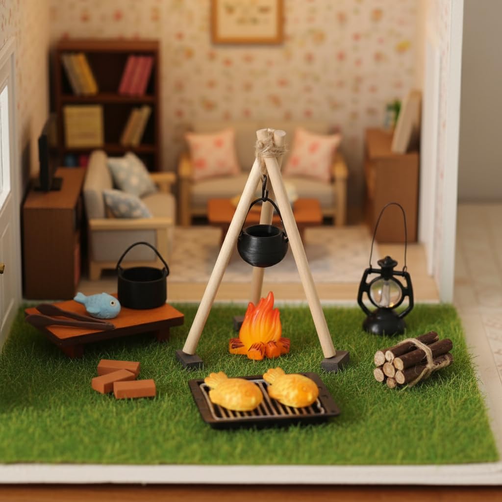 Miniature Camping Cooking Set – 1:12 Scale Dollhouse Outdoor Stove & Campfire Accessories for Micro Outdoor Scenes and Miniature Dioramas