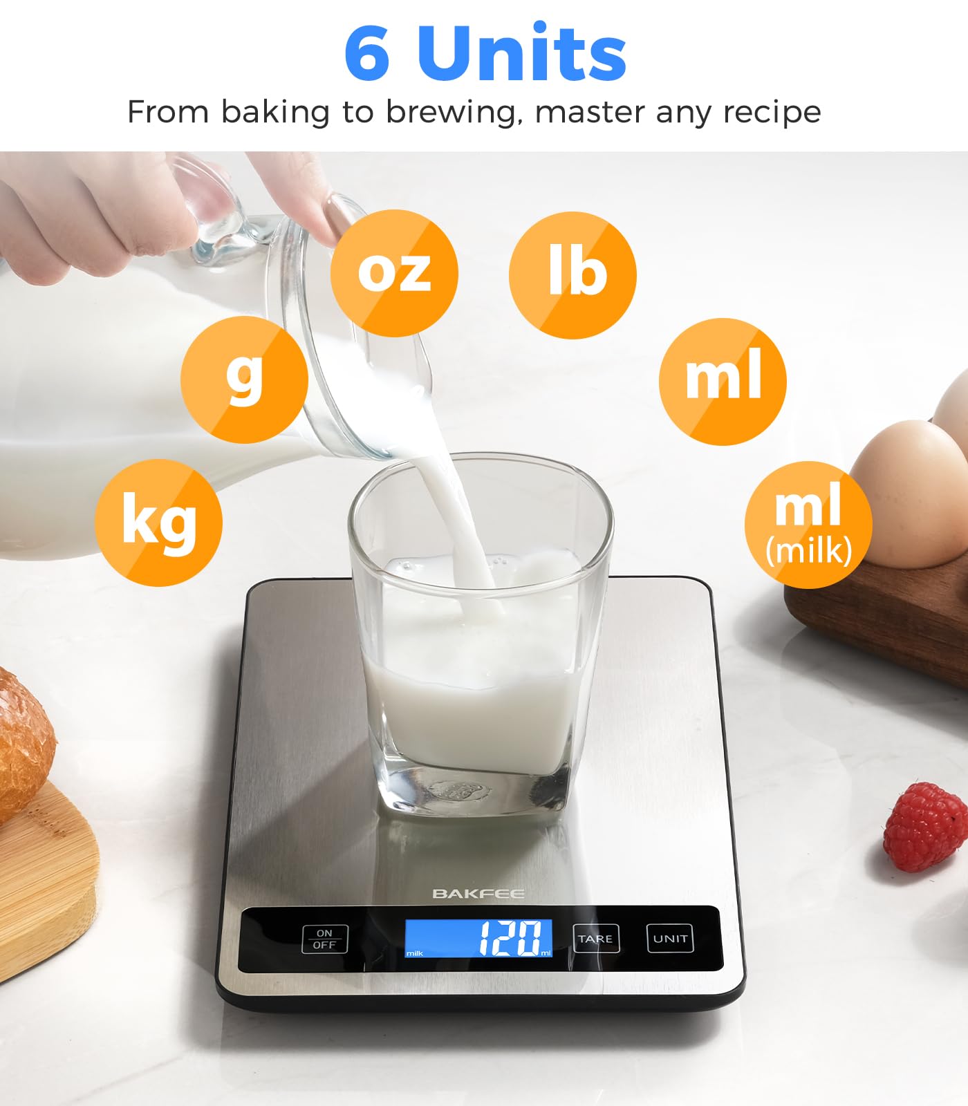 BakFee Food Scale - 15kg/33lb Rechargeable Digital Kitchen Scale with Full-View LCD Display, Grams and Ounces, Type-C or Batteries, Easy Clean Stainless Steel, for Baking, Cooking & Meal Prep, Black