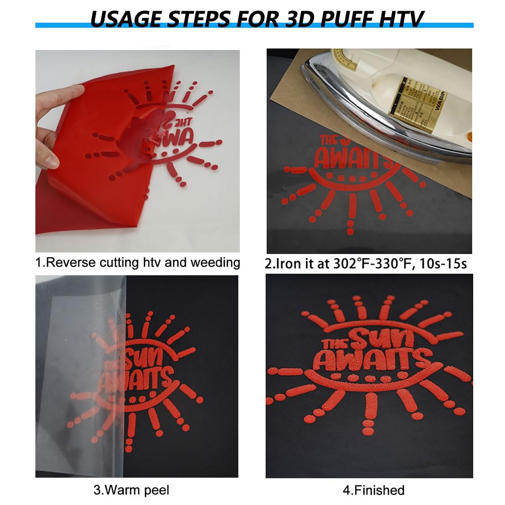Puff Heat Transfer Vinyl, 12" x 5ft 3D Red Puff Iron on Vinyl for T-Shirt, Compatible with All Cutter Machines, Easy to Cut & Weed for Heat Vinyl Design