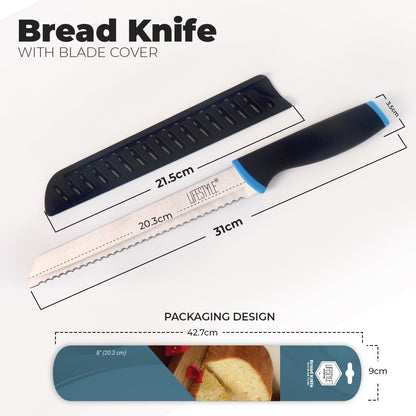 LIFESTYLE 20CM Serrated Bread Knife, Precision Kitchen Tool for Homemade Loaves, Pastries, and Baguettes, Ultra Sharp Blade for Clean Slices, Versatile Alternative to Utility, Paring, and Chef Knives