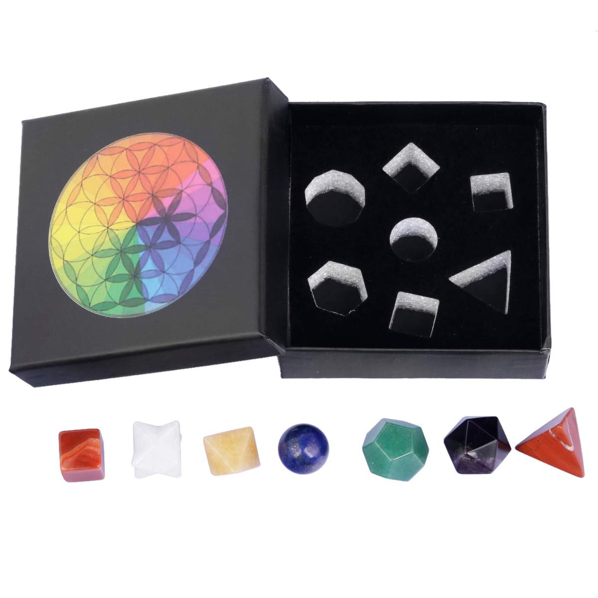 Rockcloud 7 Chakra Platonic Solids Sacred Geometry with Merkaba Star Set, Healing Crystal Faceted Gemstones for Meditation Reiki Balancing, Pack of 7