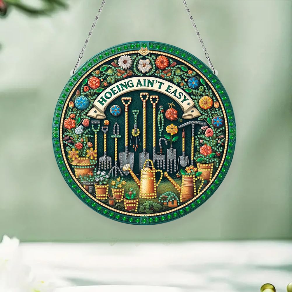 C'eitura 2D Flat DIY Flower Garden Tools -Hoeing ain;t Easy Diamond Art Painting Window Hanging Art,Crystal Diamond Gem Art Suncatchers Painting Pendant for Home Wall Decor